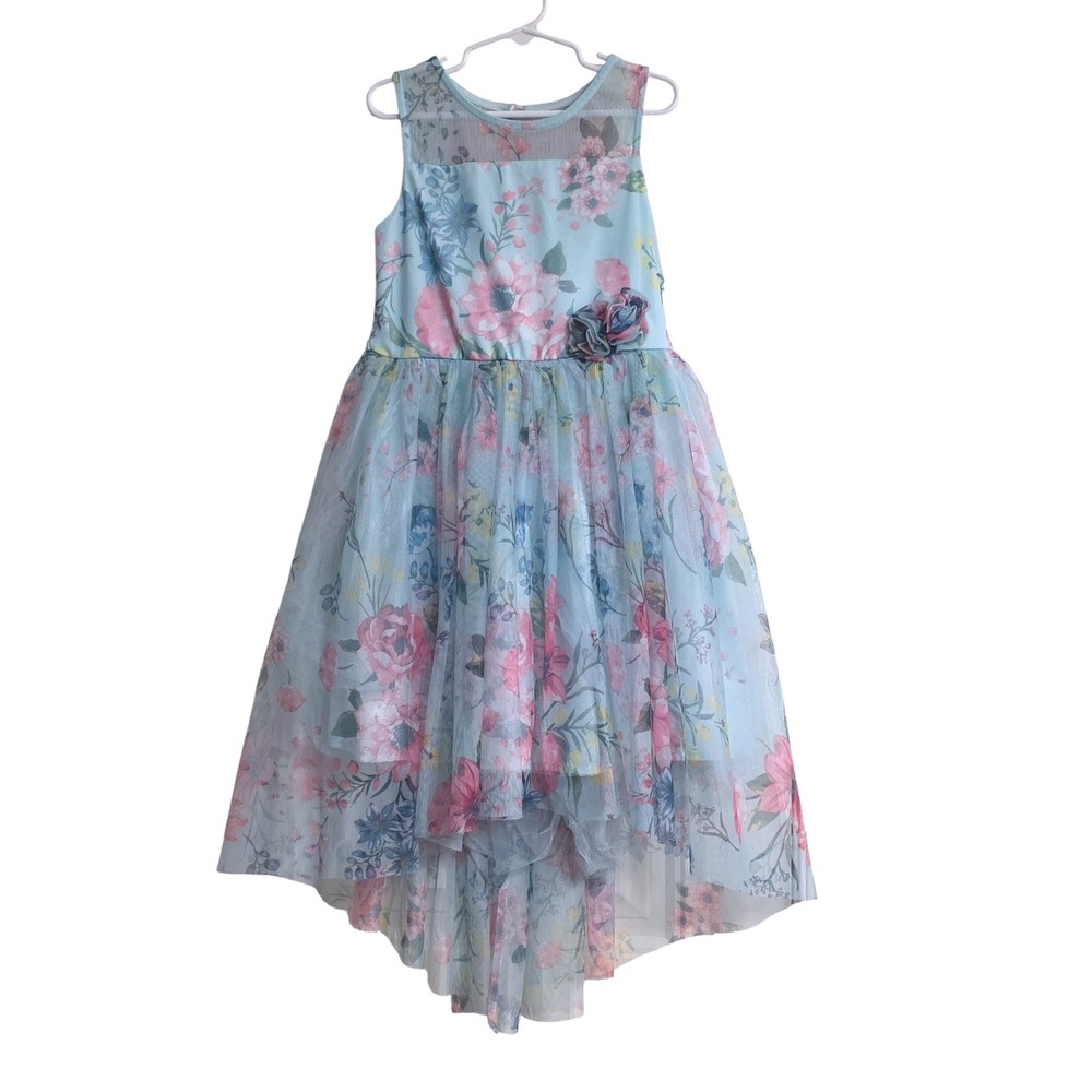 Zunie Girl‎ Kids Floral High-Low Mesh Party Dress Light Blue Pink Size M 7/8
